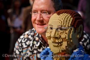February 14, 2010 - New York, NY - Toy Story 3 event at Toy Fair 2010 John Lasseter poses next to lego replica of himself