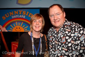 February 14, 2010 - New York, NY - John Lasseter poses with Keri WIlmot from www.toyqueen.com at the Disney preview of Toy Story 3 in New York City